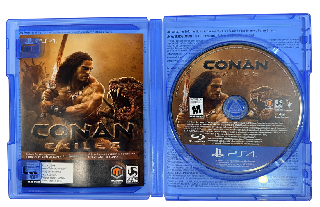 Complete PS4 copy of Conan Exiles Day One Edition. Includes original case, artwork, Day One insert, and tested game disc. Clean CIB North American release.