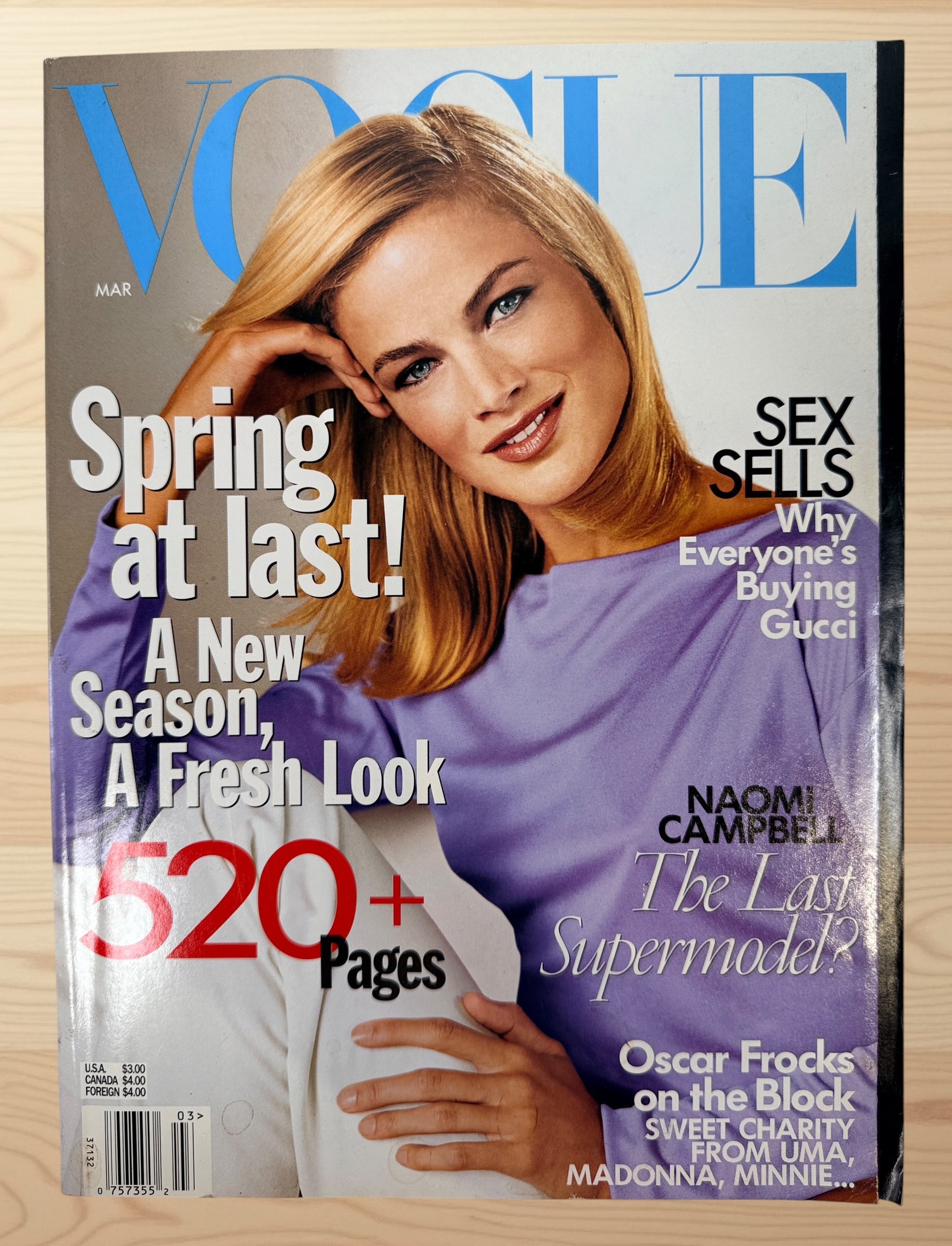 Original March 1999 Vogue Magazine featuring Carolyn Murphy, Naomi Campbell, Arthur Elgort editorials, Gucci fashion, and over 520 pages of iconic Y2K-era style.