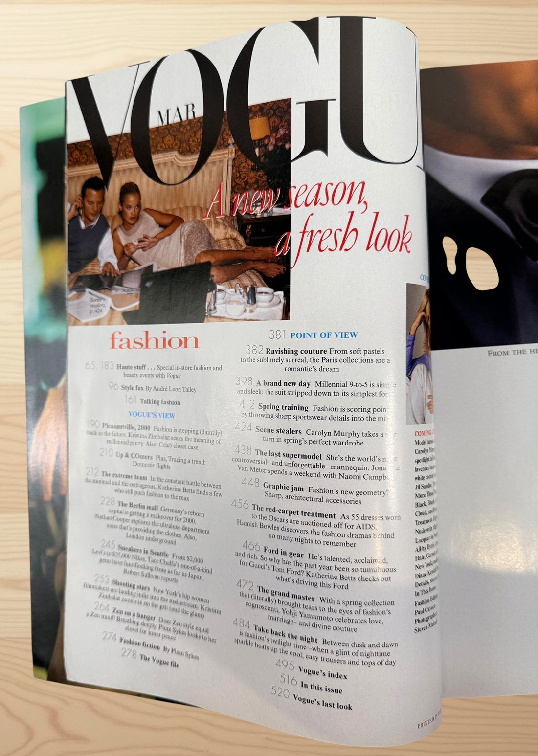 Original March 1999 Vogue Magazine featuring Carolyn Murphy, Naomi Campbell, Arthur Elgort editorials, Gucci fashion, and over 520 pages of iconic Y2K-era style.
