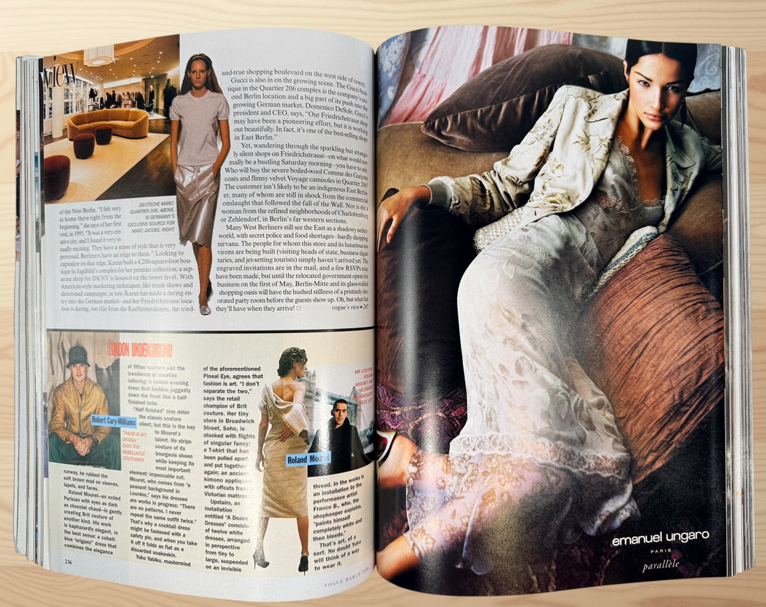 Original March 1999 Vogue Magazine featuring Carolyn Murphy, Naomi Campbell, Arthur Elgort editorials, Gucci fashion, and over 520 pages of iconic Y2K-era style.