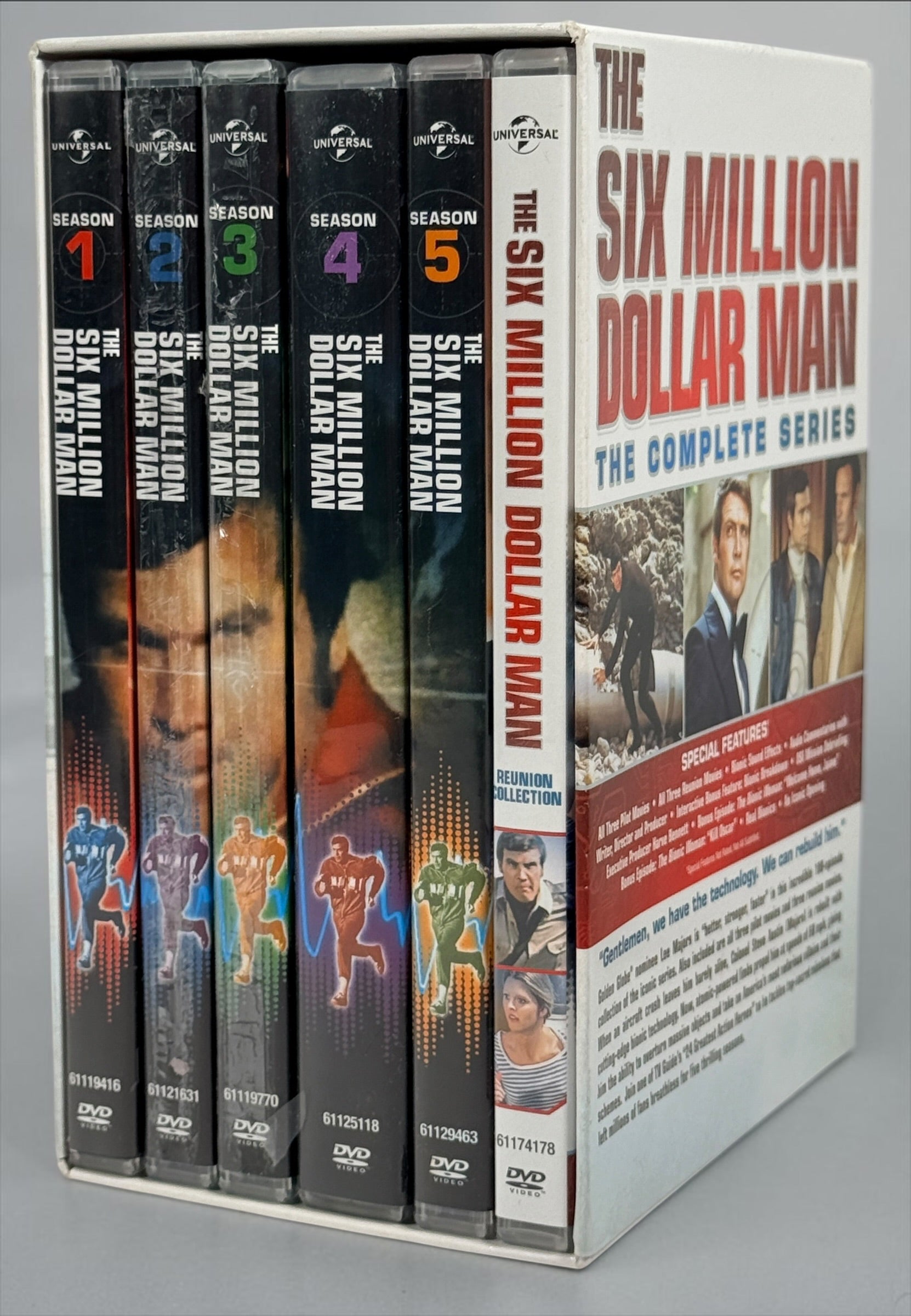 Complete The Six Million Dollar Man DVD box set featuring all five seasons, pilot TV movies, reunion films, 33 discs, and original collector slipcase. Classic sci-fi TV.