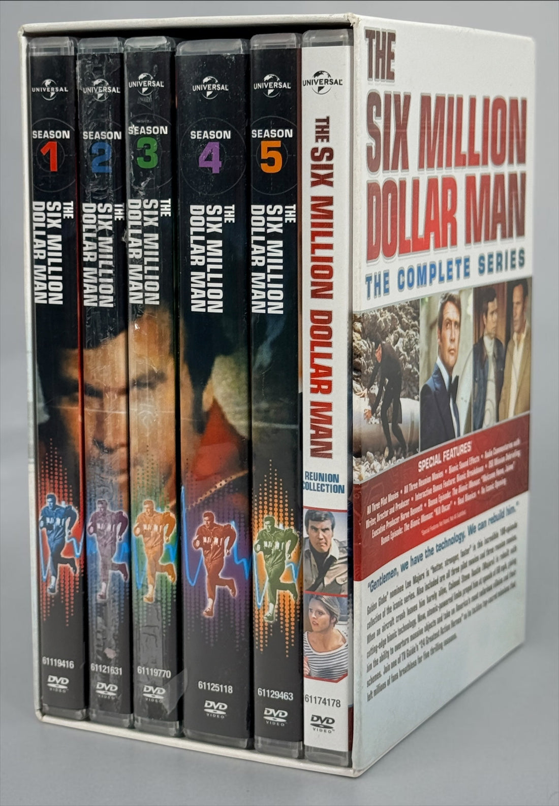 Complete The Six Million Dollar Man DVD box set featuring all five seasons, pilot TV movies, reunion films, 33 discs, and original collector slipcase. Classic sci-fi TV.