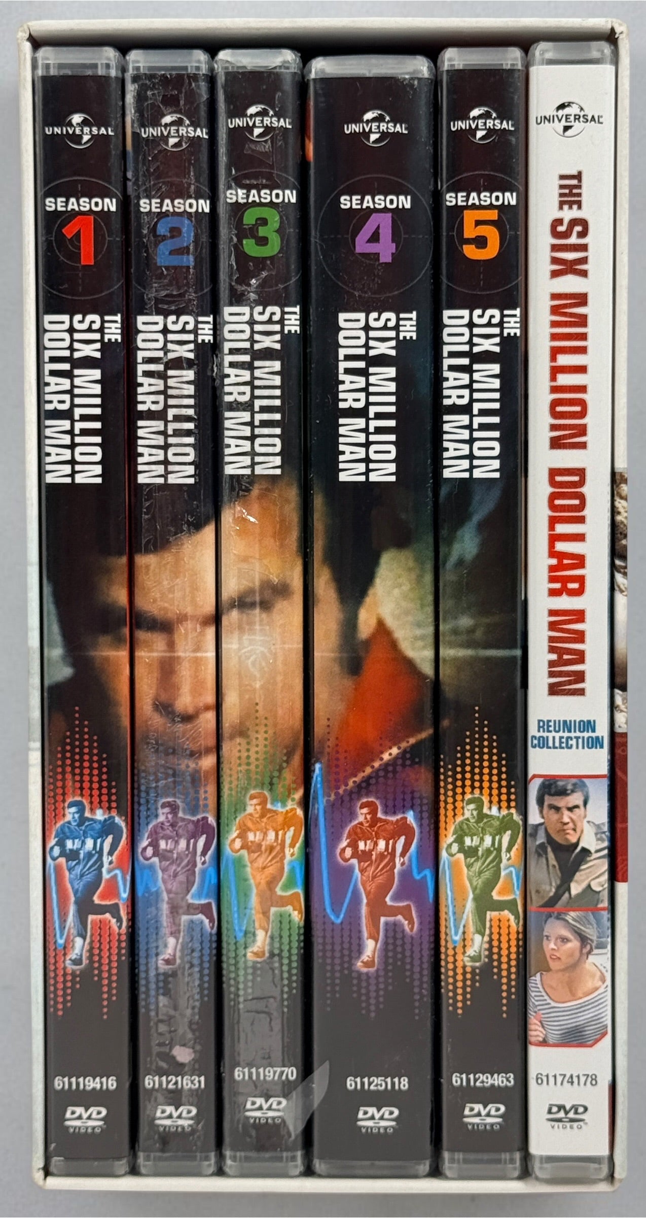 Complete The Six Million Dollar Man DVD box set featuring all five seasons, pilot TV movies, reunion films, 33 discs, and original collector slipcase. Classic sci-fi TV.