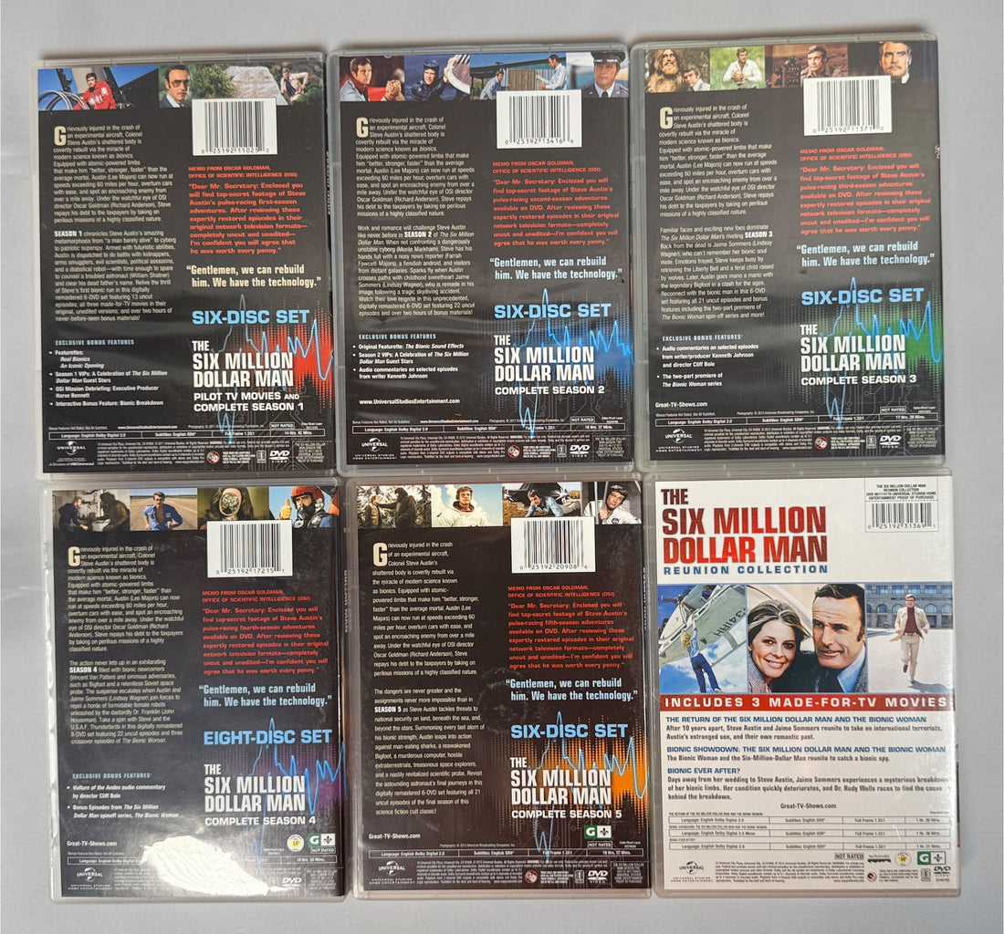 Complete The Six Million Dollar Man DVD box set featuring all five seasons, pilot TV movies, reunion films, 33 discs, and original collector slipcase. Classic sci-fi TV.