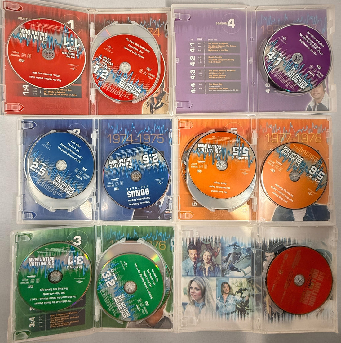 Complete The Six Million Dollar Man DVD box set featuring all five seasons, pilot TV movies, reunion films, 33 discs, and original collector slipcase. Classic sci-fi TV.