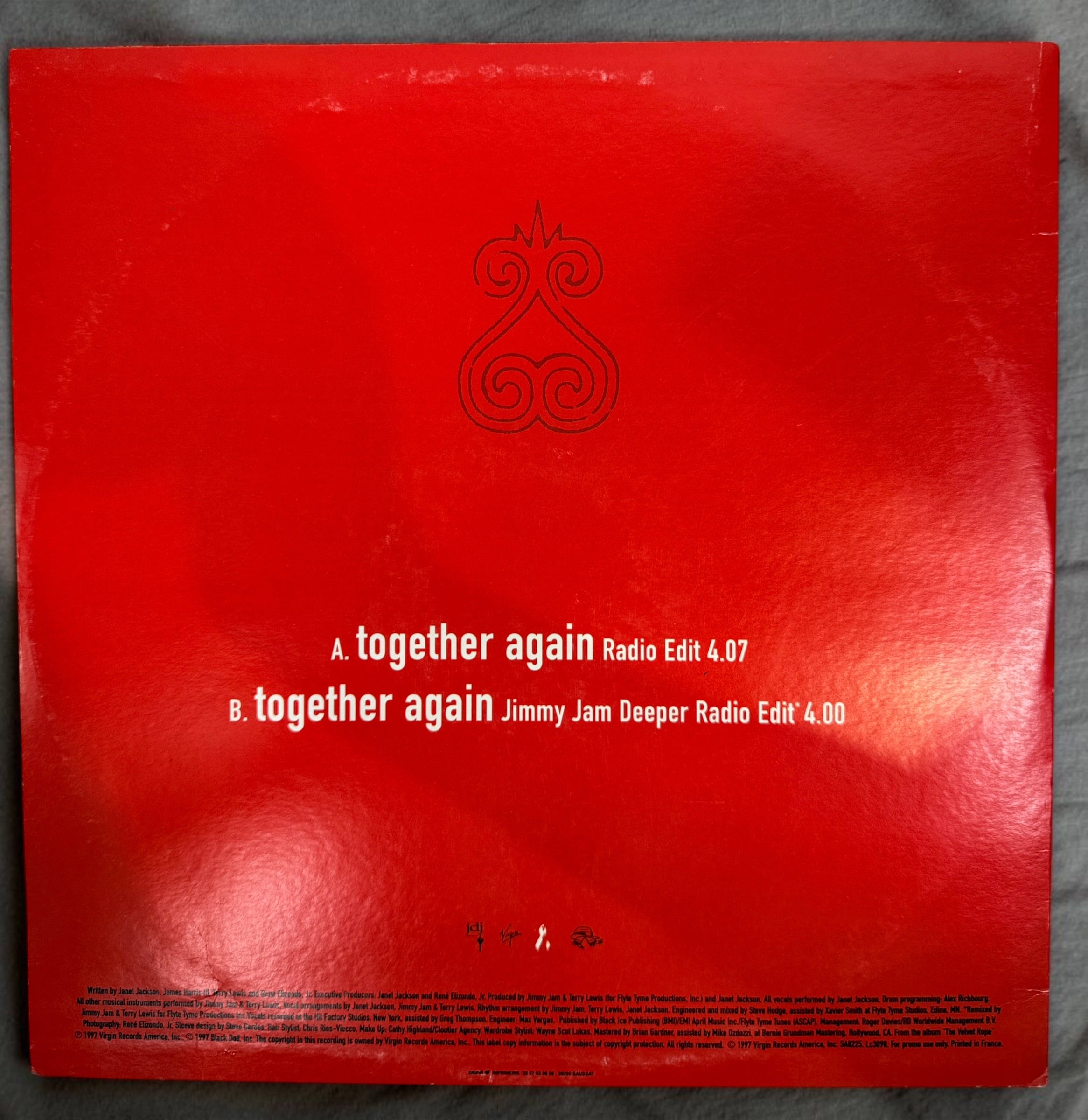 Rare 1997 Janet Jackson Together Again French promotional clear vinyl 12-inch single with original picture sleeve. Authentic Virgin Records promo pressing.