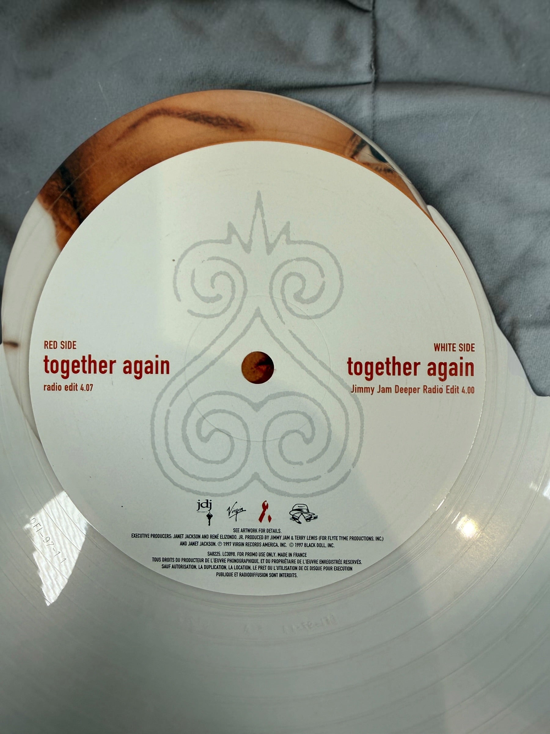 Rare 1997 Janet Jackson Together Again French promotional clear vinyl 12-inch single with original picture sleeve. Authentic Virgin Records promo pressing.