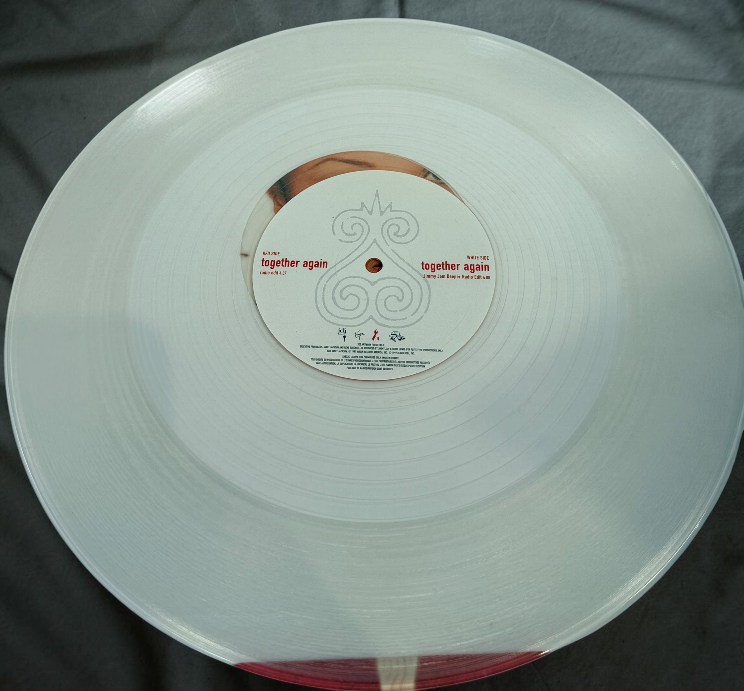 Rare 1997 Janet Jackson Together Again French promotional clear vinyl 12-inch single with original picture sleeve. Authentic Virgin Records promo pressing.