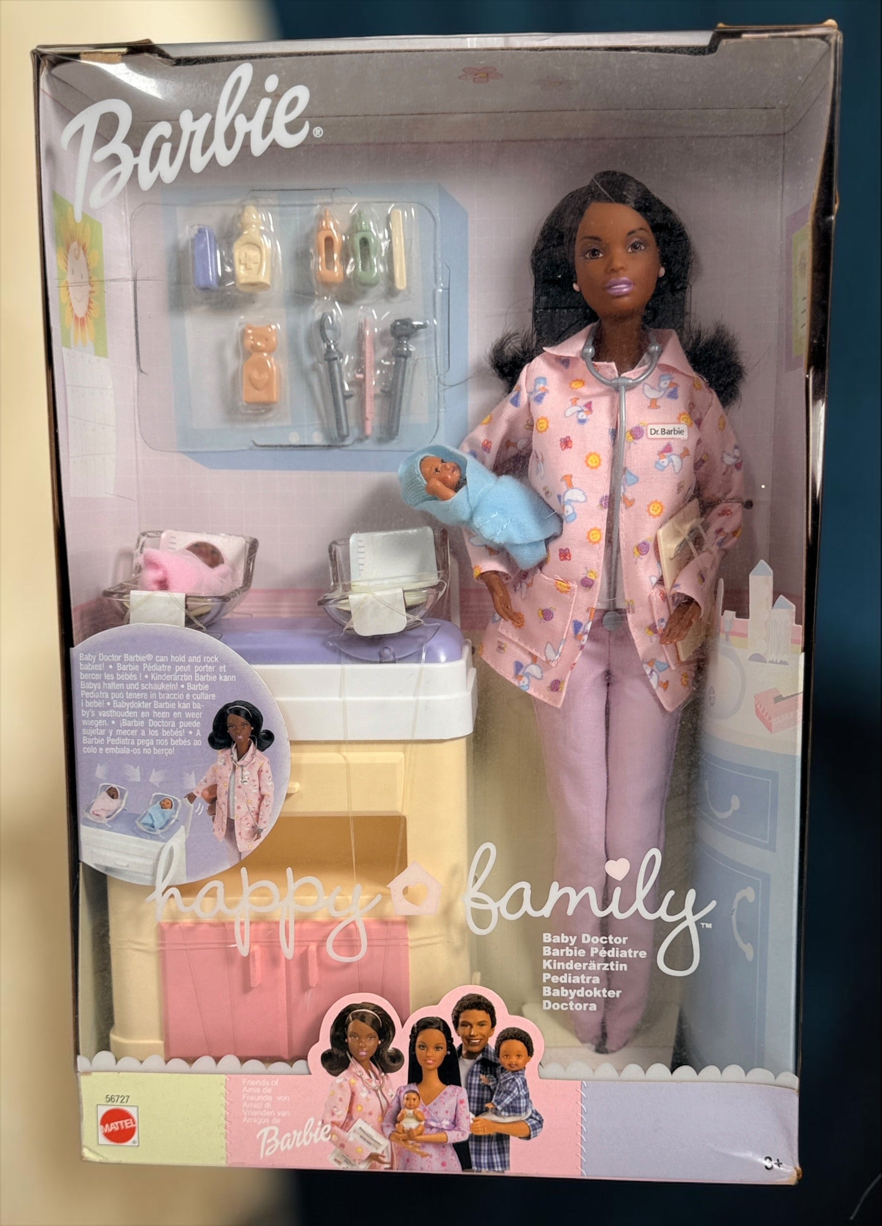 Original 2002 Mattel Barbie Happy Family Baby Doctor #56727 African American doll. New in box with twins, nursery station and accessories. Rare collectible.