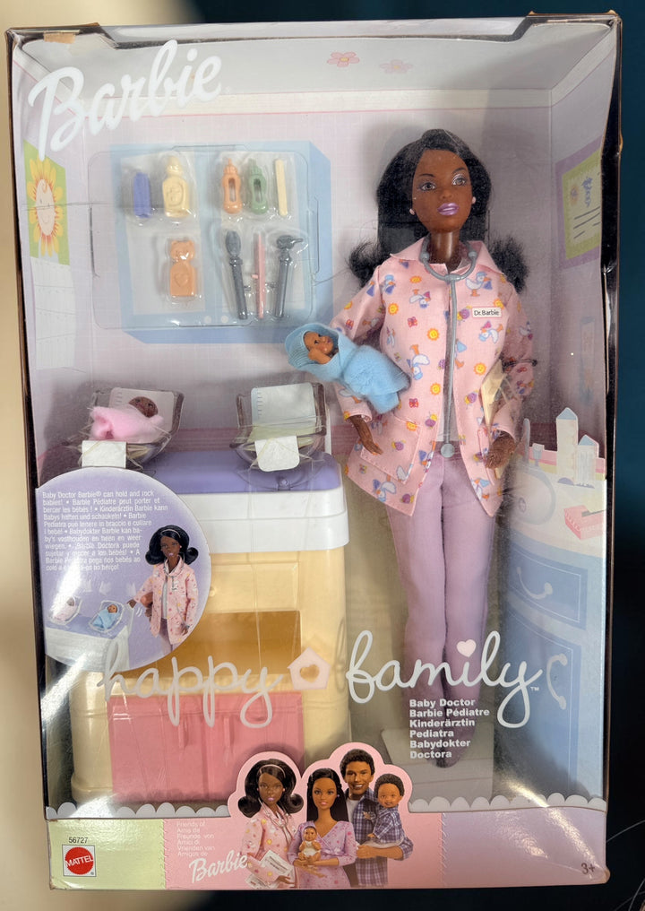 Original 2002 Mattel Barbie Happy Family Baby Doctor #56727 African American doll. New in box with twins, nursery station and accessories. Rare collectible.