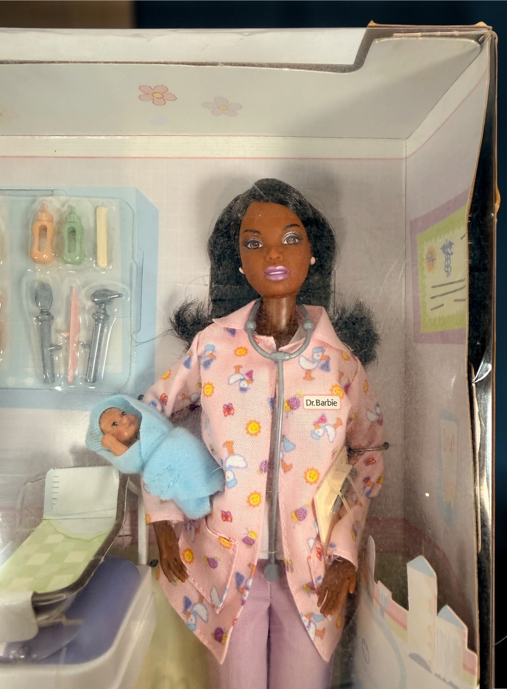 Original 2002 Mattel Barbie Happy Family Baby Doctor #56727 African American doll. New in box with twins, nursery station and accessories. Rare collectible.