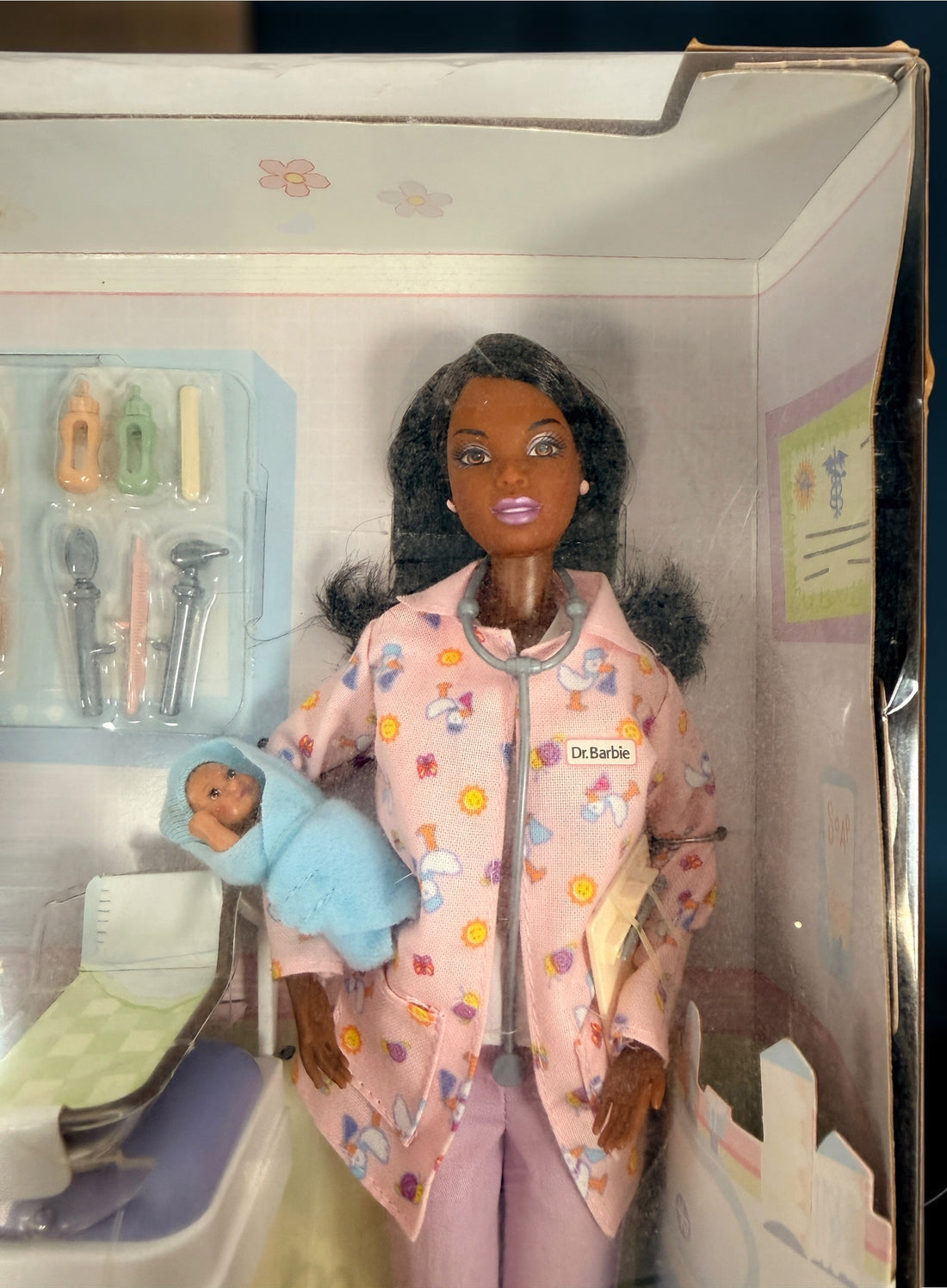Original 2002 Mattel Barbie Happy Family Baby Doctor #56727 African American doll. New in box with twins, nursery station and accessories. Rare collectible.
