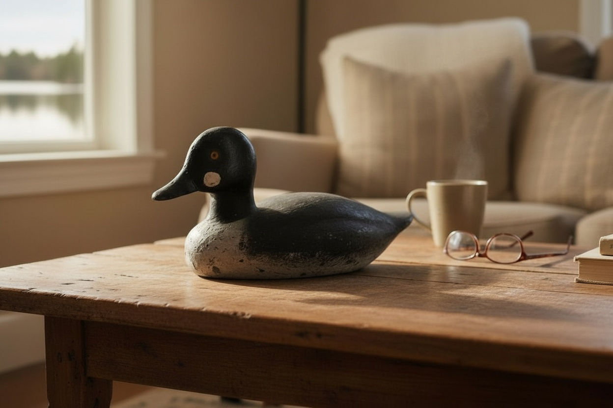 Vintage Quebec duck decoy attributed to Rivest of St-Sulpice. Hand-carved folk art with original ballast and authentic working wear. Collectible Canadian carving.