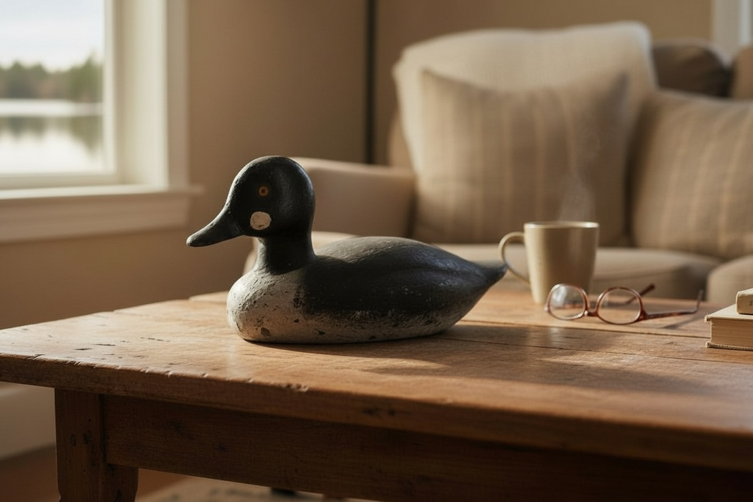 Vintage Quebec duck decoy attributed to Rivest of St-Sulpice. Hand-carved folk art with original ballast and authentic working wear. Collectible Canadian carving.