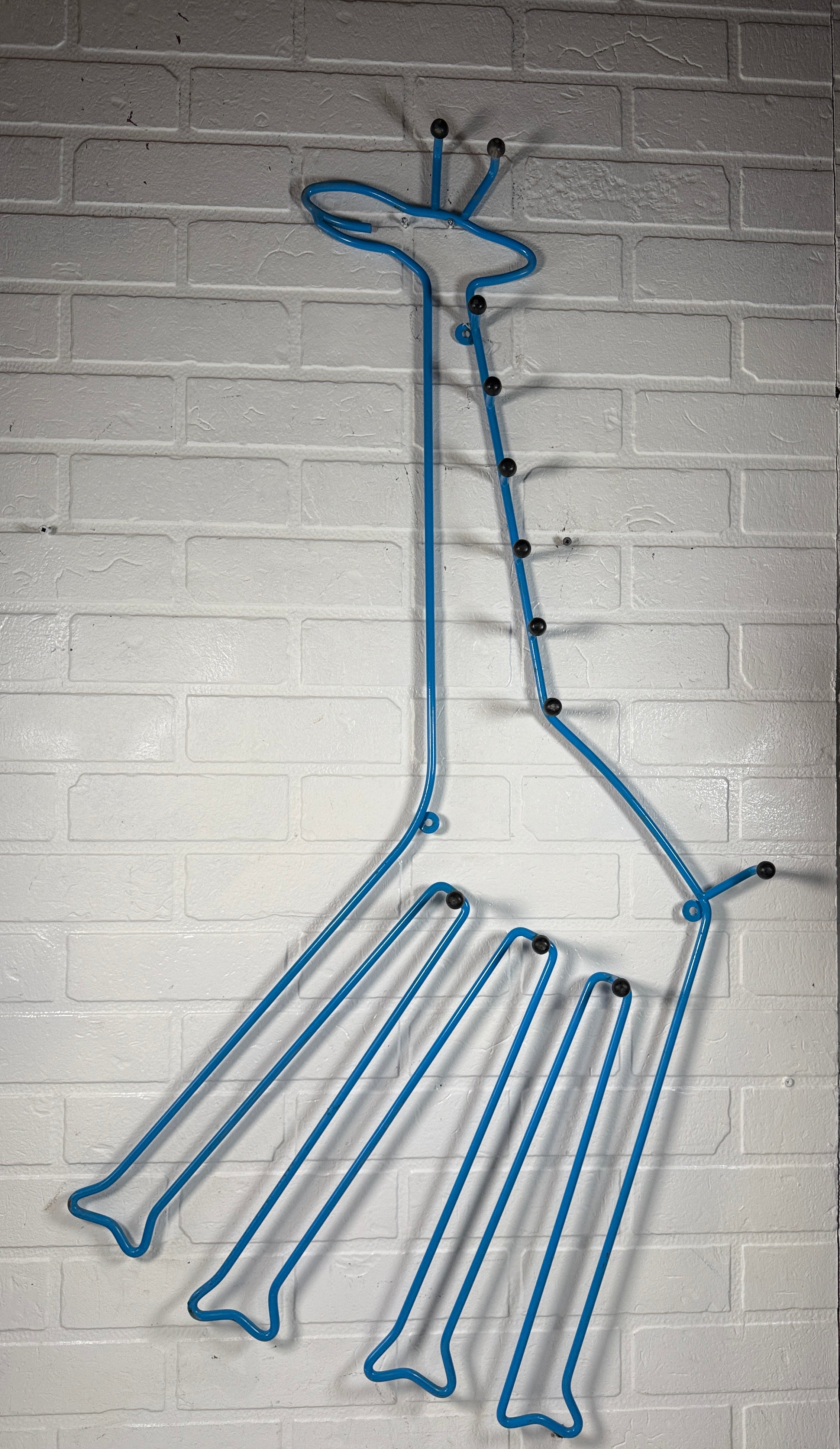 Vintage IKEA SPRALLIG blue metal giraffe wall coat rack from the 1990s. Fun décor piece, sturdy design, collectible. Ships from Canada.