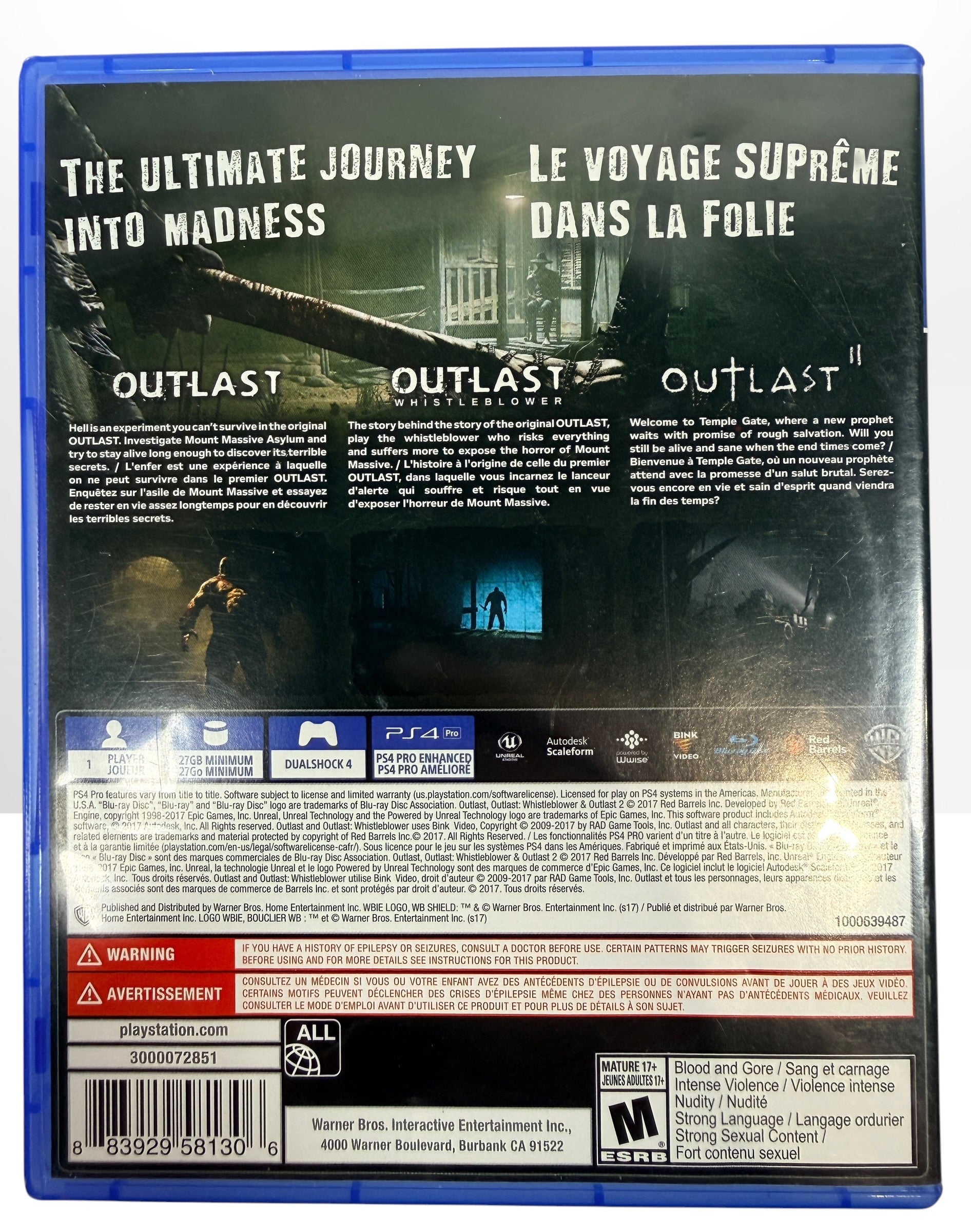 Complete Outlast Trinity for PS4 with both game discs, original case and insert. Includes Outlast, Whistleblower, and Outlast II. Tested and fully functional.