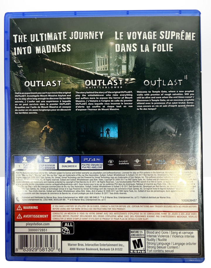 Complete Outlast Trinity for PS4 with both game discs, original case and insert. Includes Outlast, Whistleblower, and Outlast II. Tested and fully functional.
