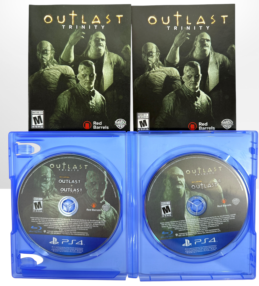 Complete Outlast Trinity for PS4 with both game discs, original case and insert. Includes Outlast, Whistleblower, and Outlast II. Tested and fully functional.