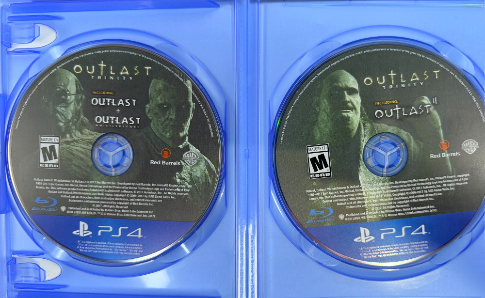 Complete Outlast Trinity for PS4 with both game discs, original case and insert. Includes Outlast, Whistleblower, and Outlast II. Tested and fully functional.