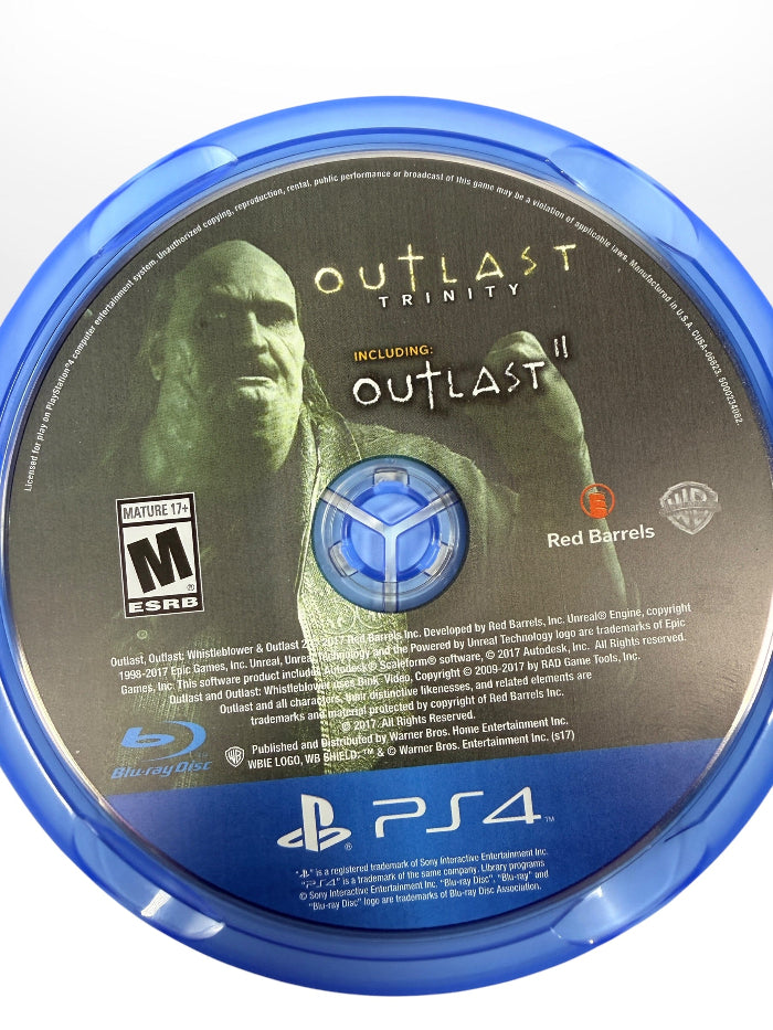 Complete Outlast Trinity for PS4 with both game discs, original case and insert. Includes Outlast, Whistleblower, and Outlast II. Tested and fully functional.