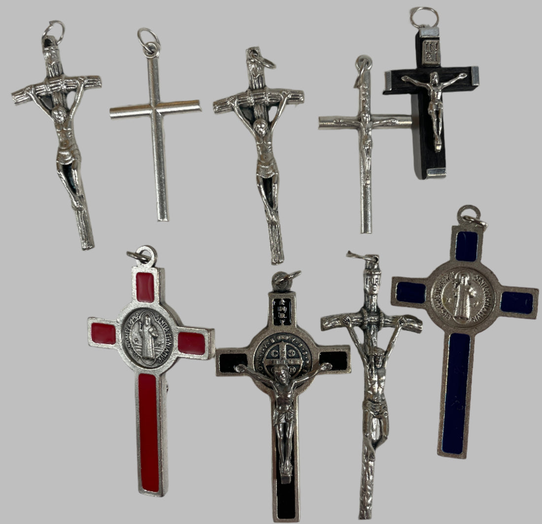Set of silver crosses with red and blue accents on a white background