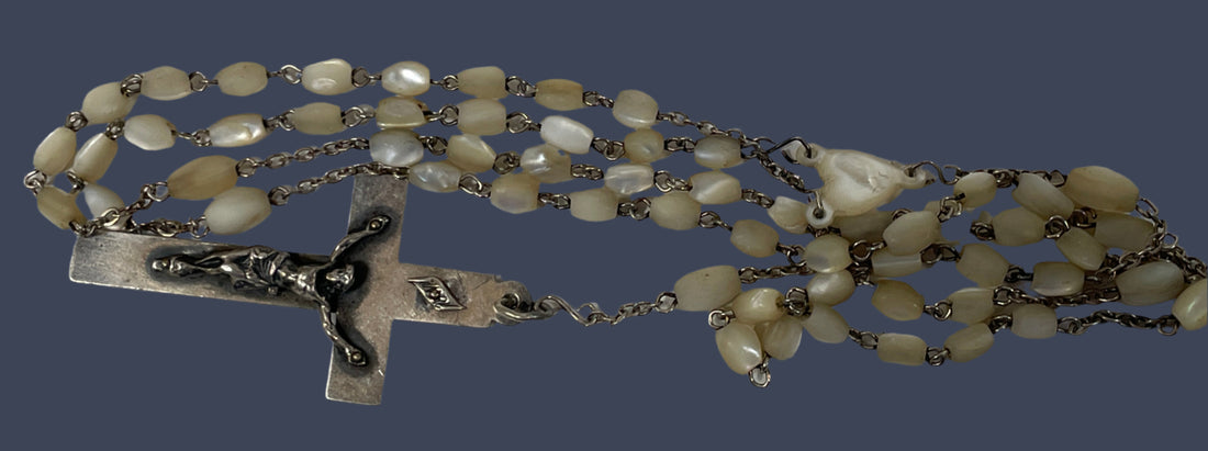 1904 French Rosary – Nacre Beads & Engraved Crucifix