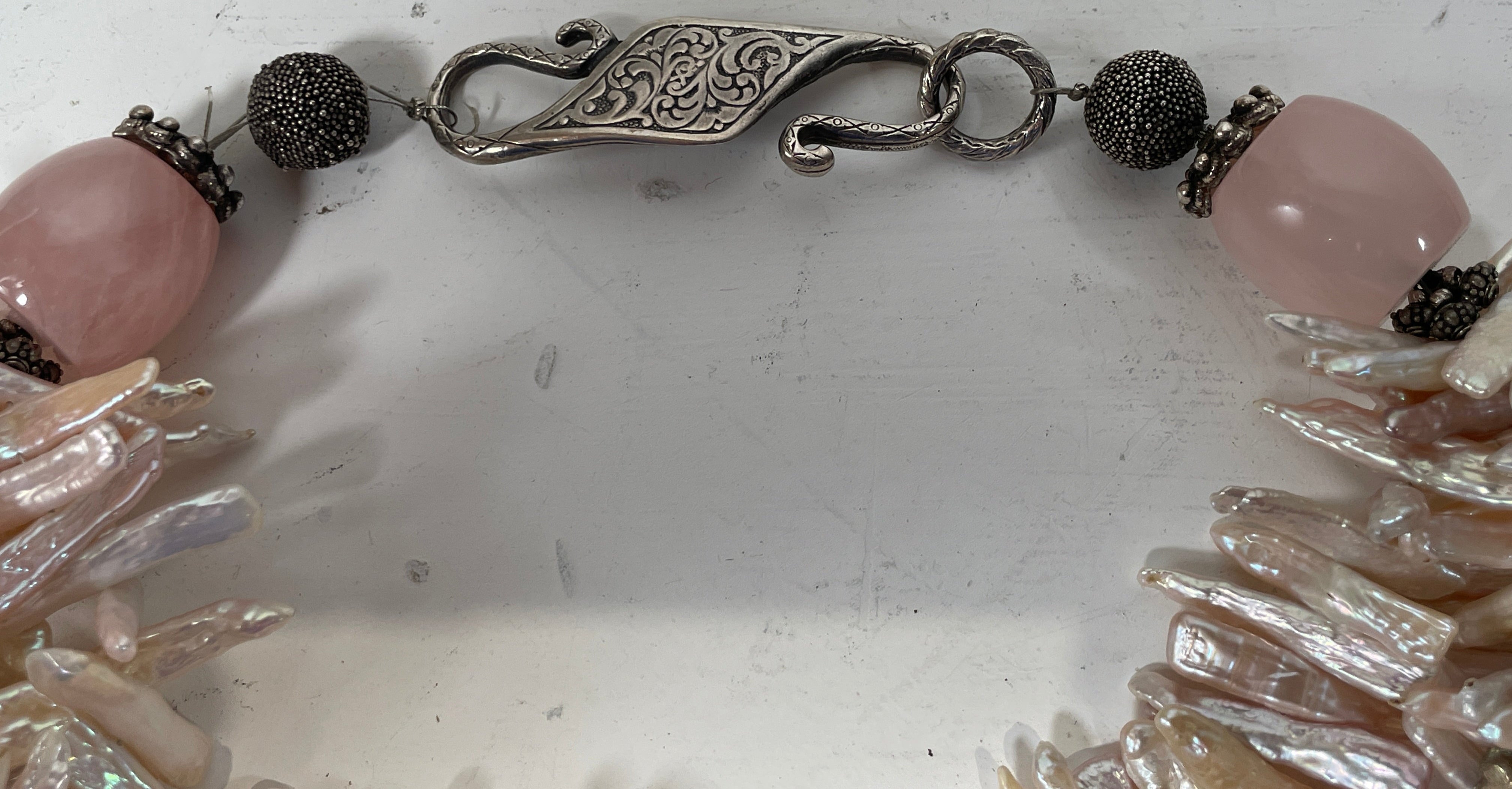 Baroque Pear Statement Necklace – 3 Strands, Quartz & Silver Clasp