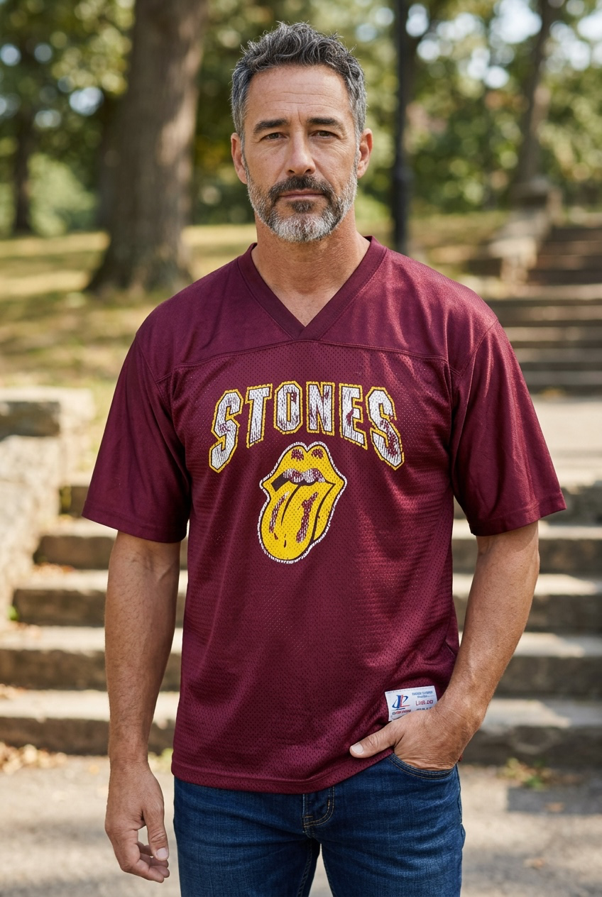 Authentic vintage Rolling Stones 98 football jersey by LogoAthletic. Official licensed USA-made burgundy mesh shirt with classic tongue logo and oversized 90s fit.