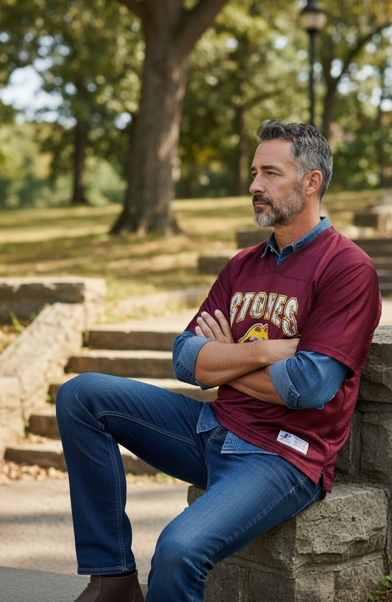 Authentic vintage Rolling Stones 98 football jersey by LogoAthletic. Official licensed USA-made burgundy mesh shirt with classic tongue logo and oversized 90s fit.
