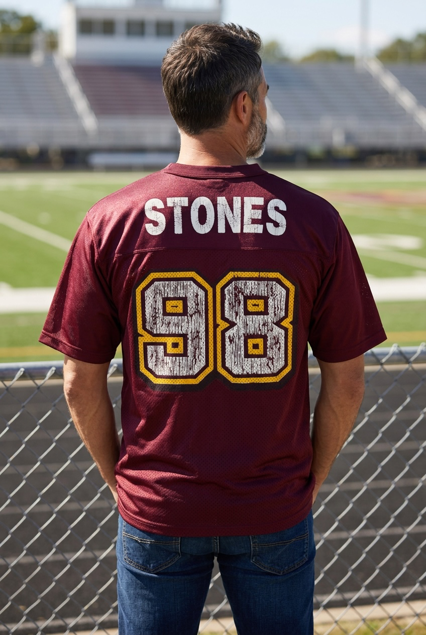 Authentic vintage Rolling Stones 98 football jersey by LogoAthletic. Official licensed USA-made burgundy mesh shirt with classic tongue logo and oversized 90s fit.