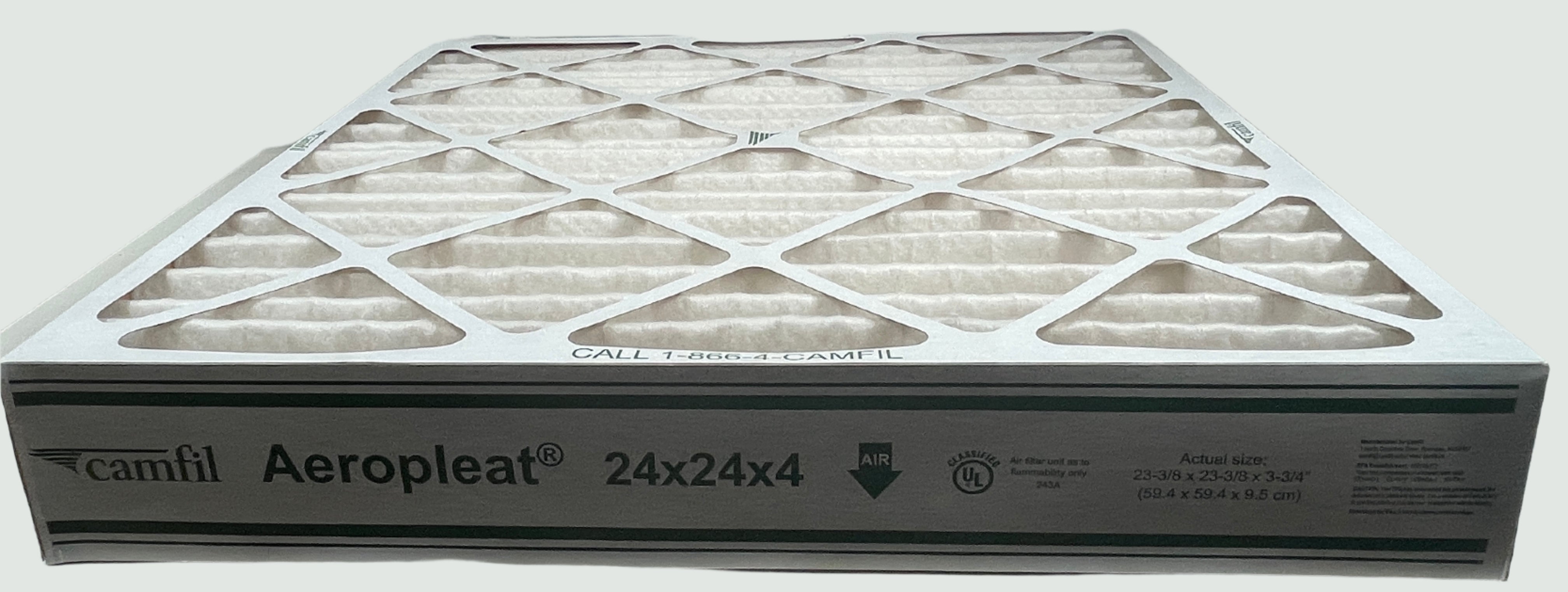 Camfil Aeropleat air filter on a white surface with a white brick wall background