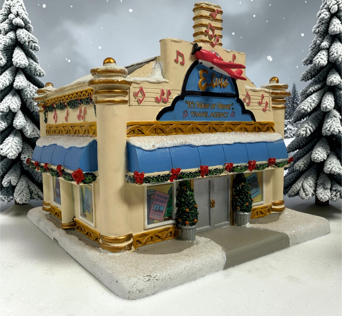 2007 Hawthorne Village Elvis Presley “It’s Now or Never” Travel Agency holiday village collectible. Official Elvis issue; cord and bulb not included.