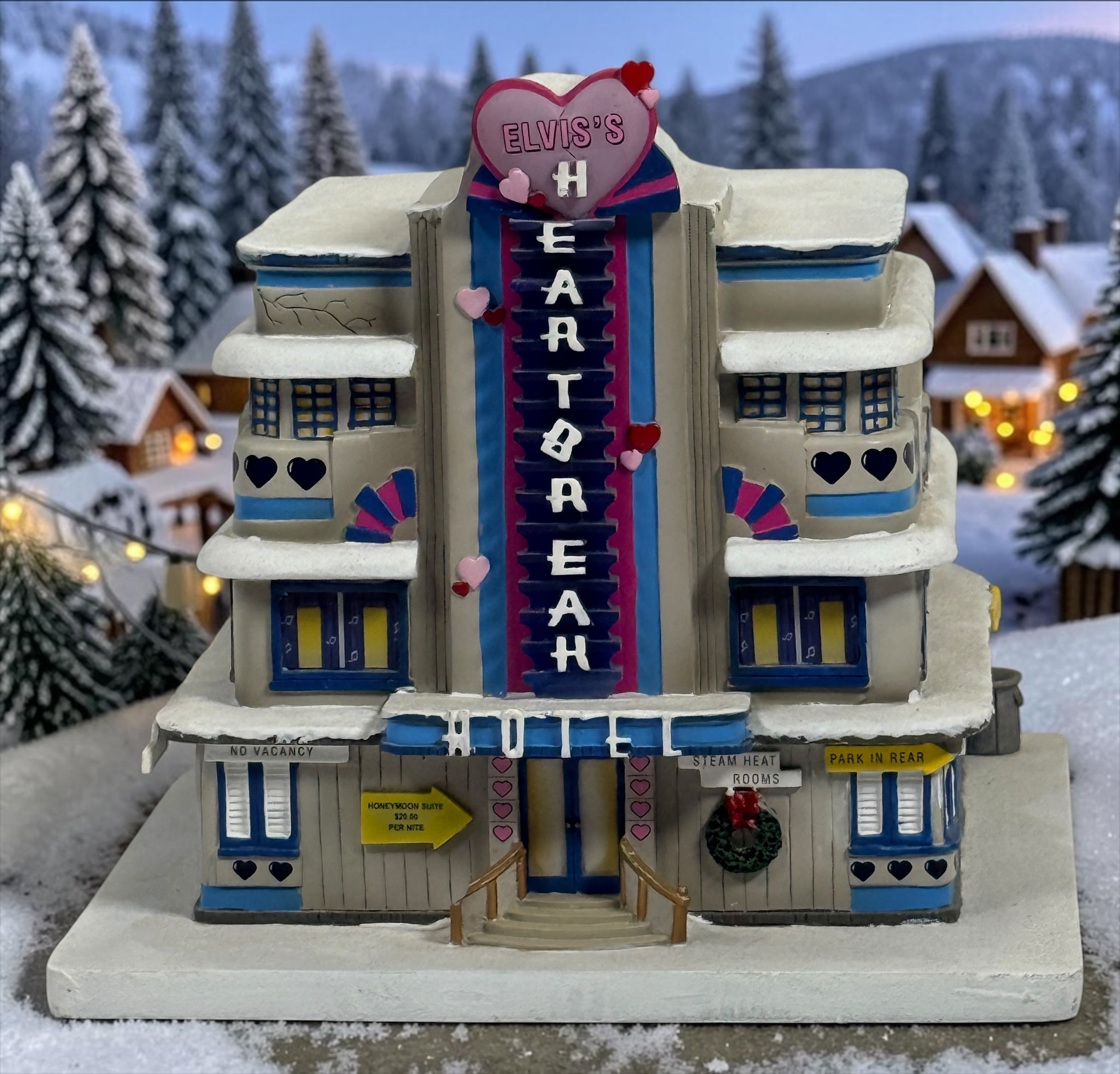 2004 Hawthorne Village Elvis Presley Heartbreak Hotel collectible from the Rock ’n’ Roll Holiday Village. Individually numbered. Cord and bulb missing.