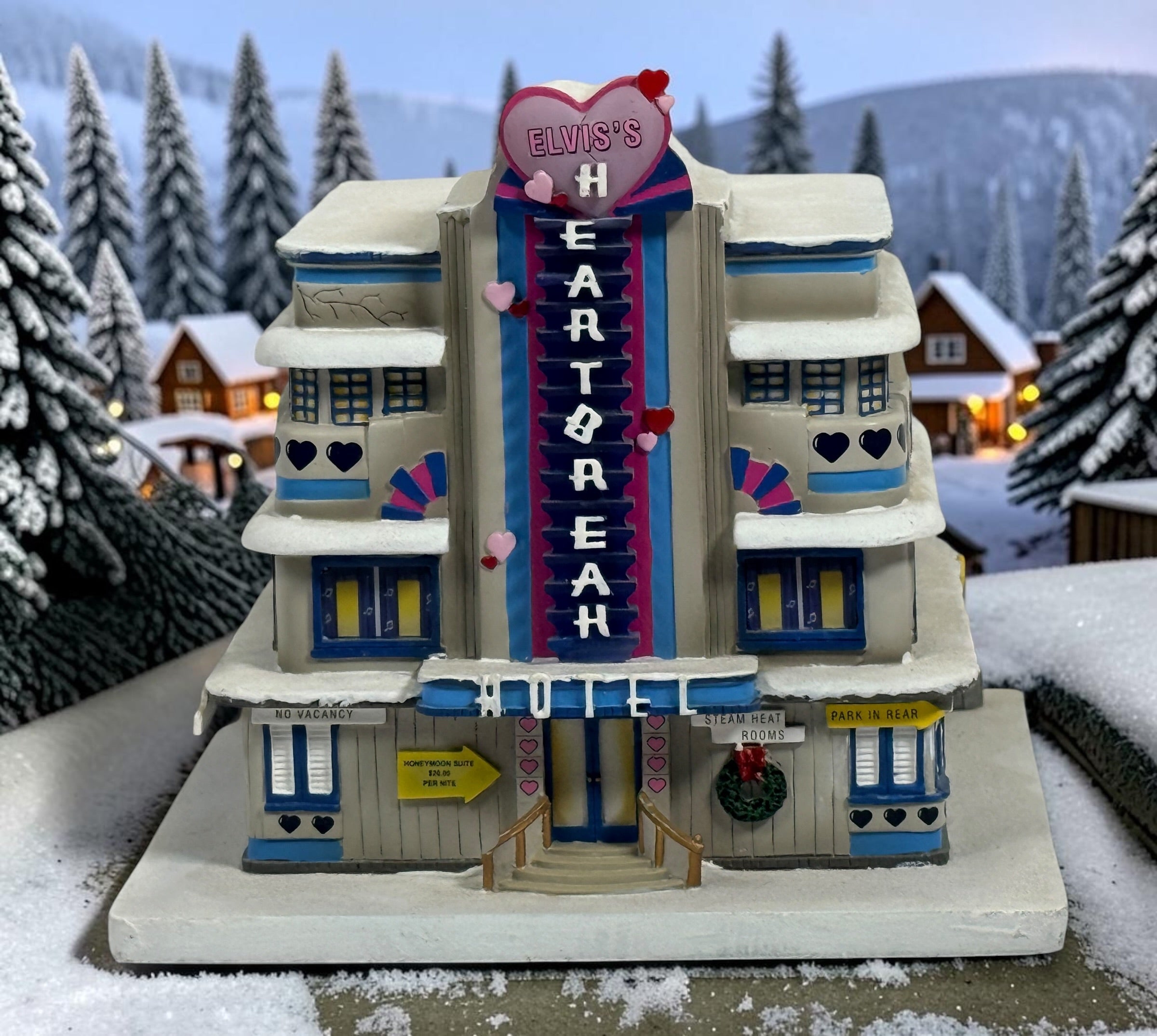 2004 Hawthorne Village Elvis Presley Heartbreak Hotel collectible from the Rock ’n’ Roll Holiday Village. Individually numbered. Cord and bulb missing.