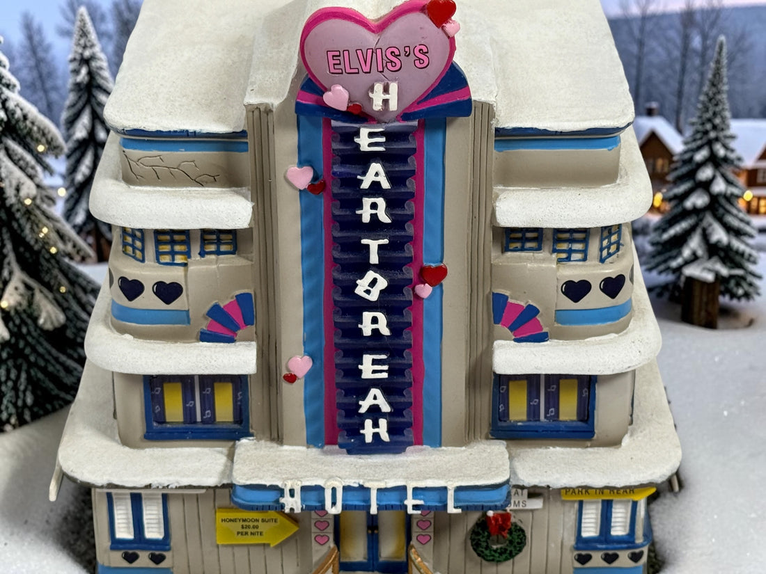 2004 Hawthorne Village Elvis Presley Heartbreak Hotel collectible from the Rock ’n’ Roll Holiday Village. Individually numbered. Cord and bulb missing.