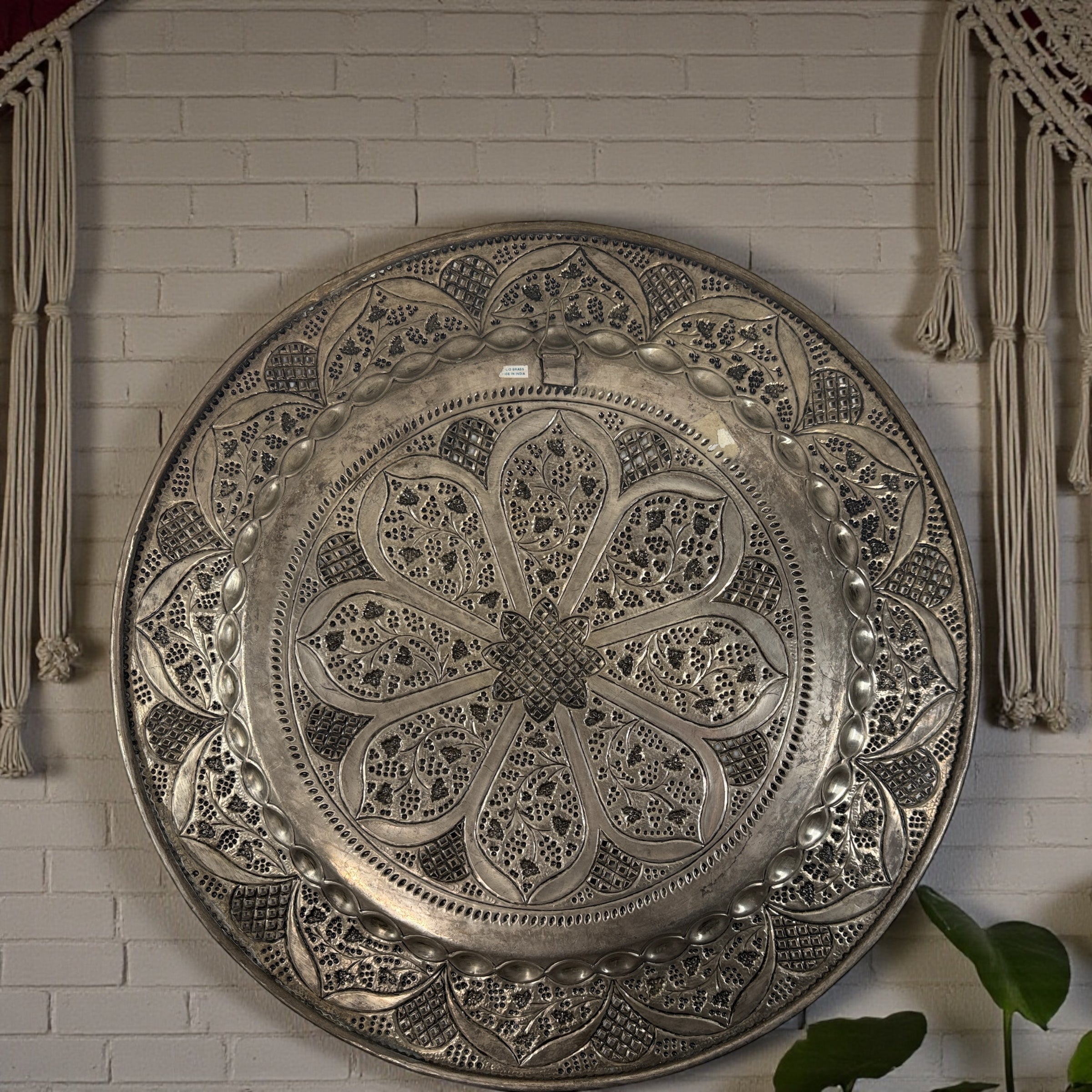 Vintage Solid Brass Tray – 24” Indian Hand-Chased Pierced Design