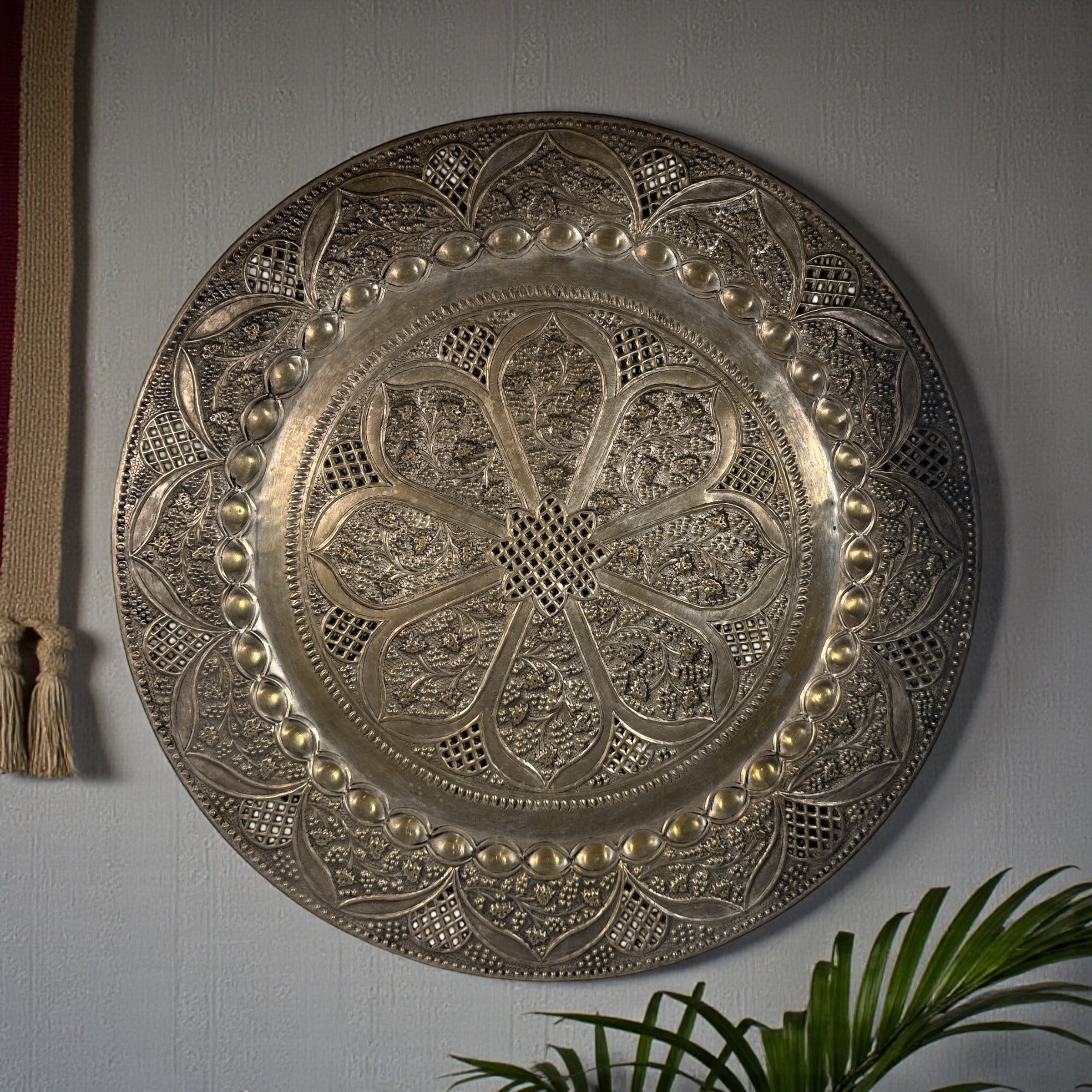 Vintage 24” solid brass tray made in India with hand-chased floral design and pierced edging. Ideal for décor or table use. Classic mid-century export piece.
