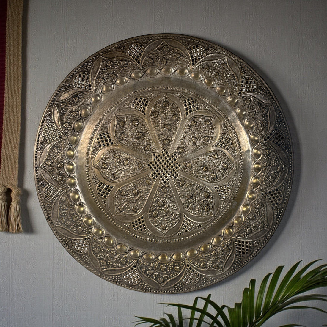 Vintage 24” solid brass tray made in India with hand-chased floral design and pierced edging. Ideal for décor or table use. Classic mid-century export piece.