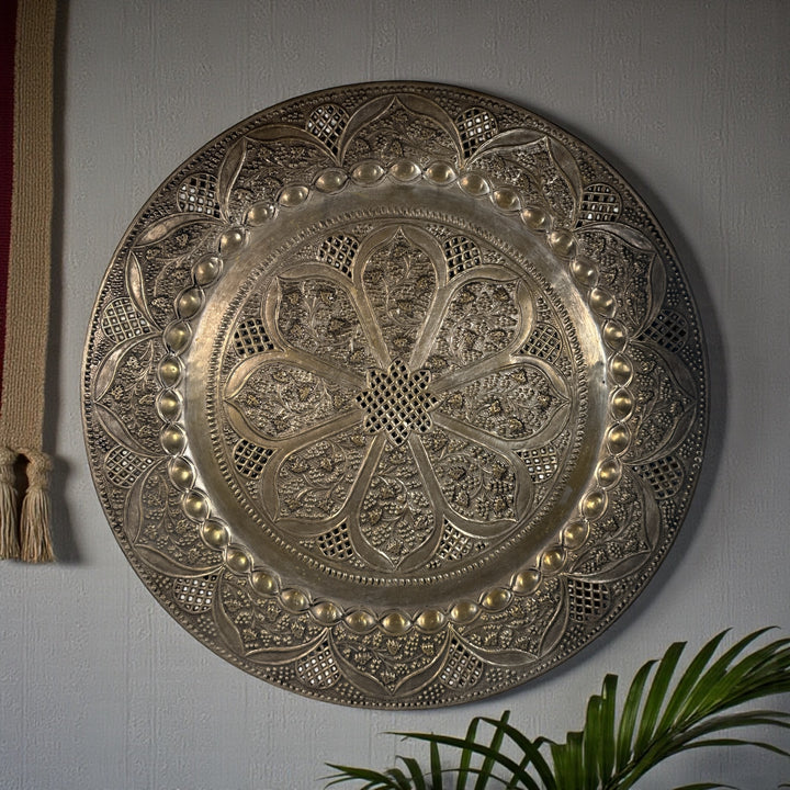 Vintage 24” solid brass tray made in India with hand-chased floral design and pierced edging. Ideal for décor or table use. Classic mid-century export piece.