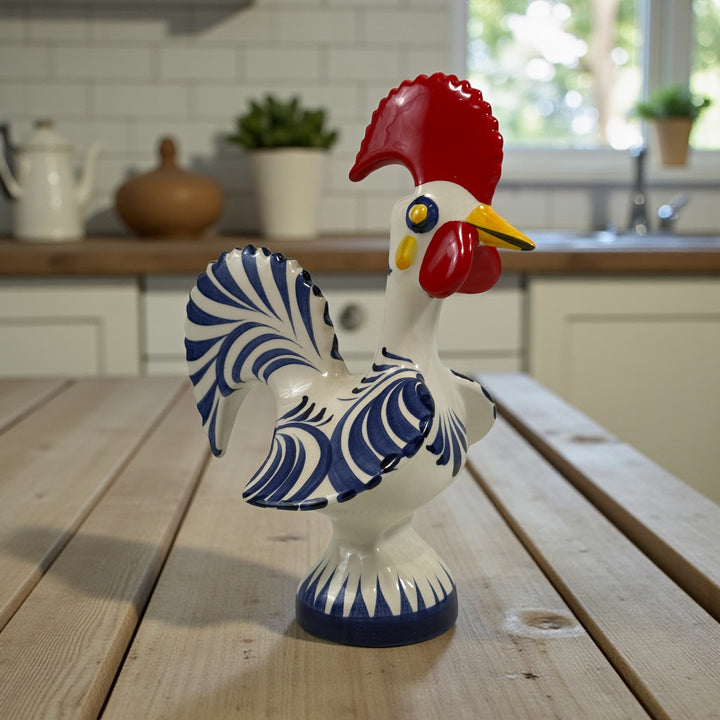 Hand-painted Portuguese ceramic rooster, 8¼” signed studio piece. Cobalt blue folk-art décor with excellent detail. Vintage-style collectible pottery.