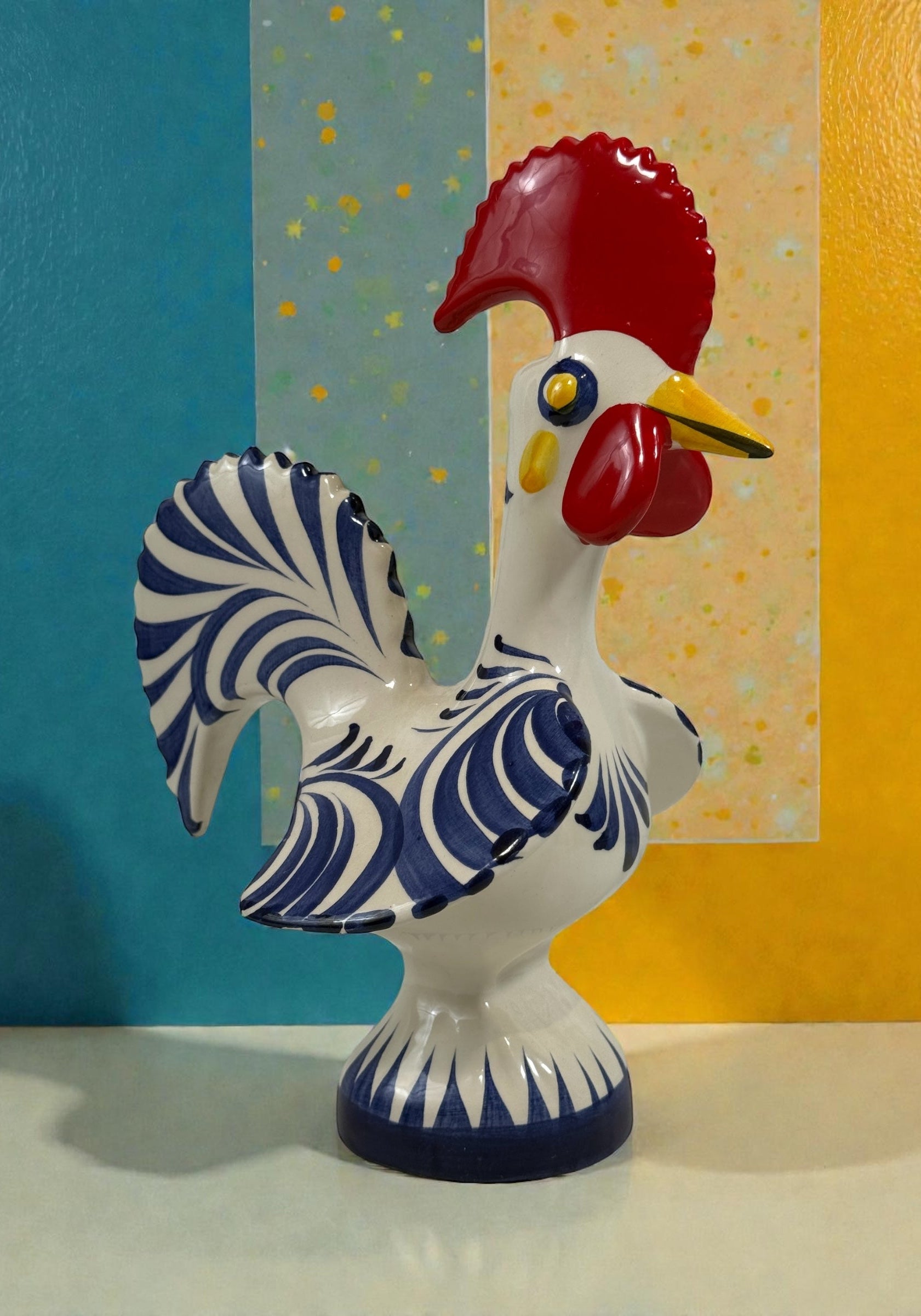 Hand-painted Portuguese ceramic rooster, 8¼” signed studio piece. Cobalt blue folk-art décor with excellent detail. Vintage-style collectible pottery.
