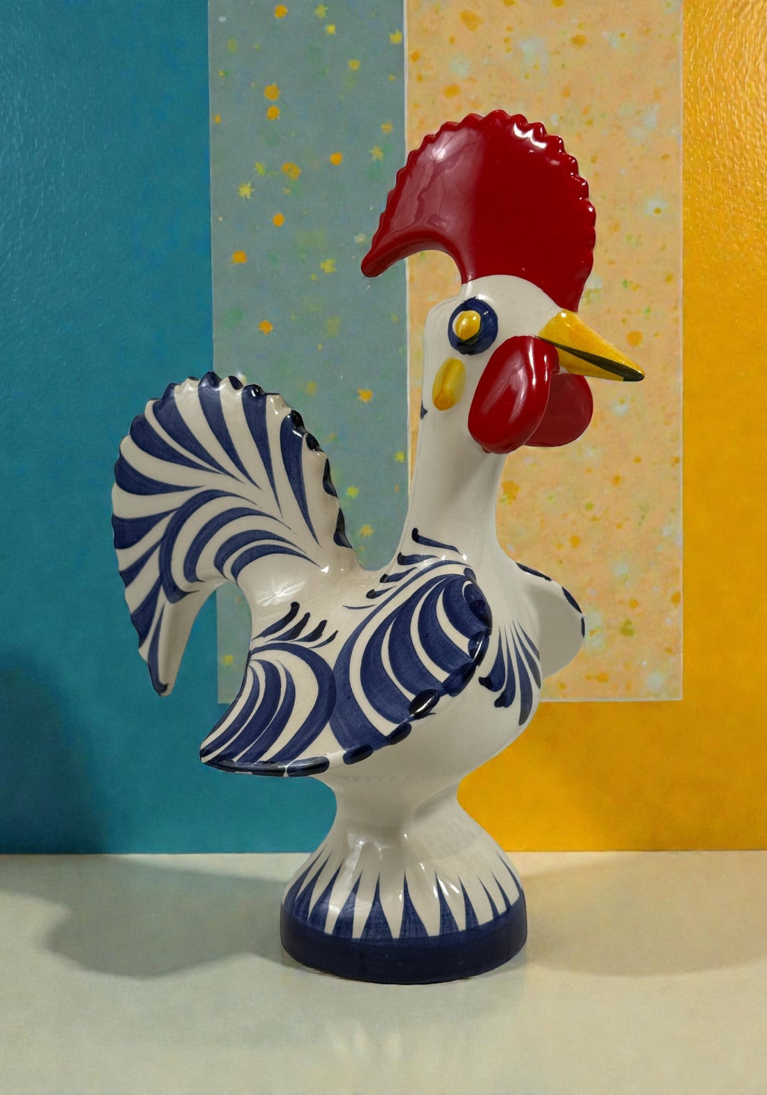 Hand-painted Portuguese ceramic rooster, 8¼” signed studio piece. Cobalt blue folk-art décor with excellent detail. Vintage-style collectible pottery.