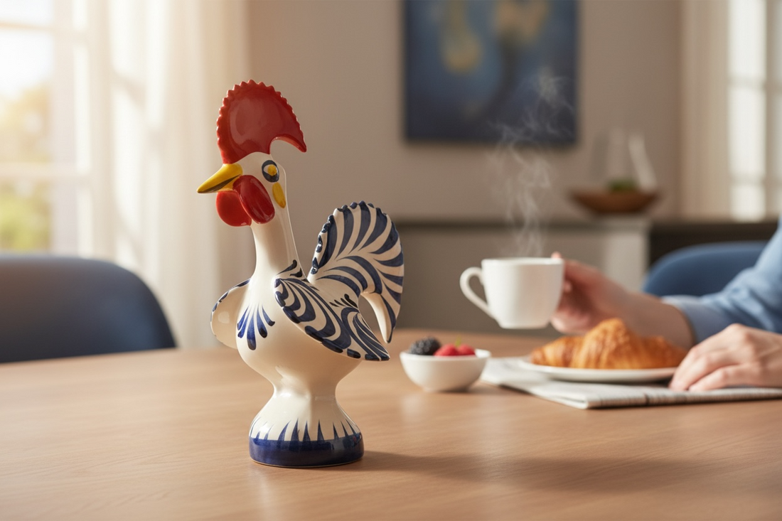 Hand-painted Portuguese ceramic rooster, 8¼” signed studio piece. Cobalt blue folk-art décor with excellent detail. Vintage-style collectible pottery.