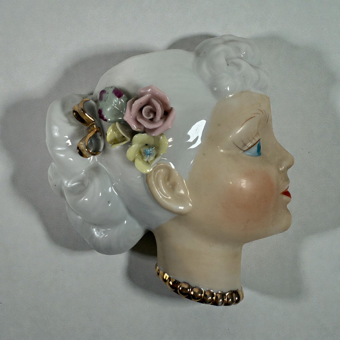 Vintage Japanese Porcelain Lady Head Wall Mask – Floral Accents