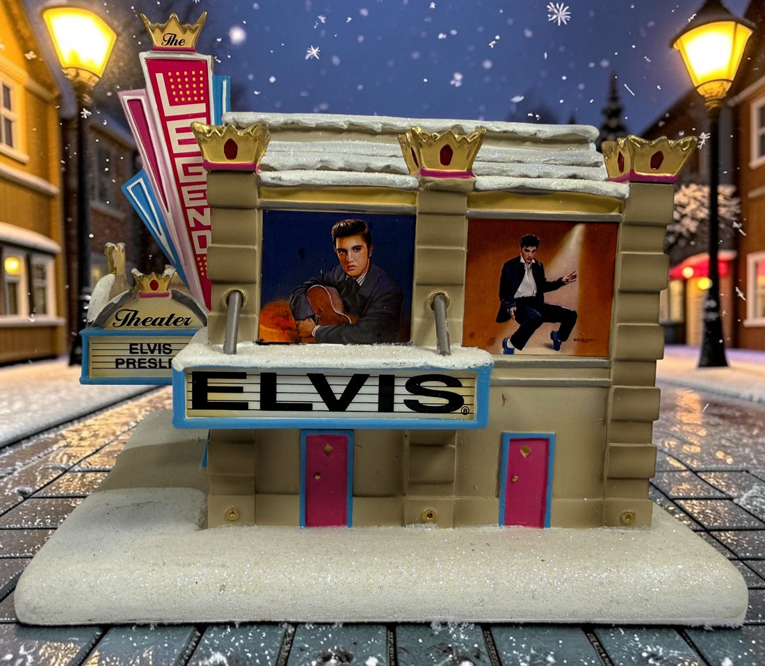 2004 Hawthorne Village Elvis Presley Legend Theater from the Rock ’n’ Roll Holiday Village. Love Me Tender collectible building, officially licensed.