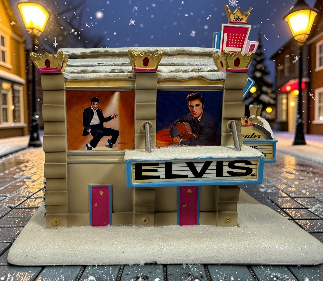 2004 Hawthorne Village Elvis Presley Legend Theater from the Rock ’n’ Roll Holiday Village. Love Me Tender collectible building, officially licensed.