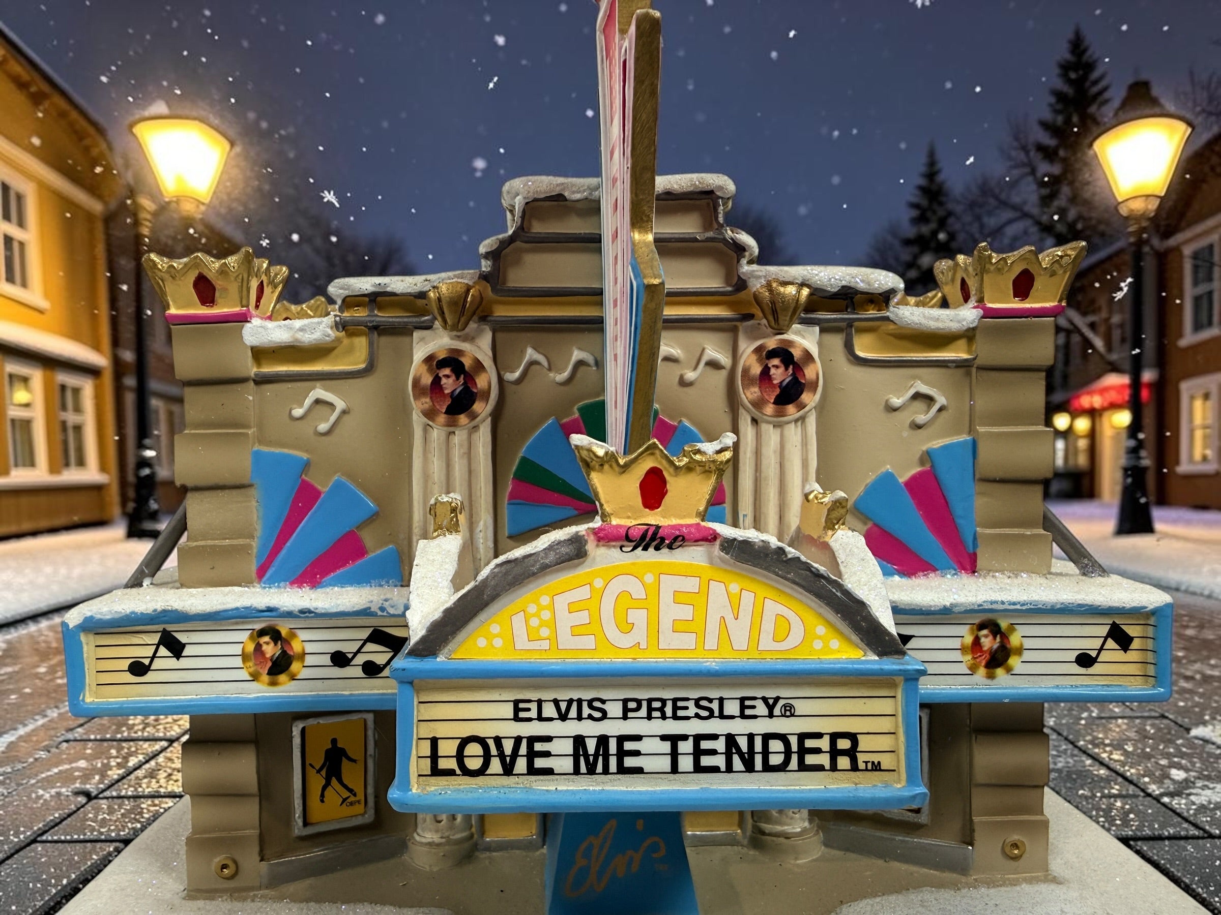 2004 Hawthorne Village Elvis Presley Legend Theater from the Rock ’n’ Roll Holiday Village. Love Me Tender collectible building, officially licensed.