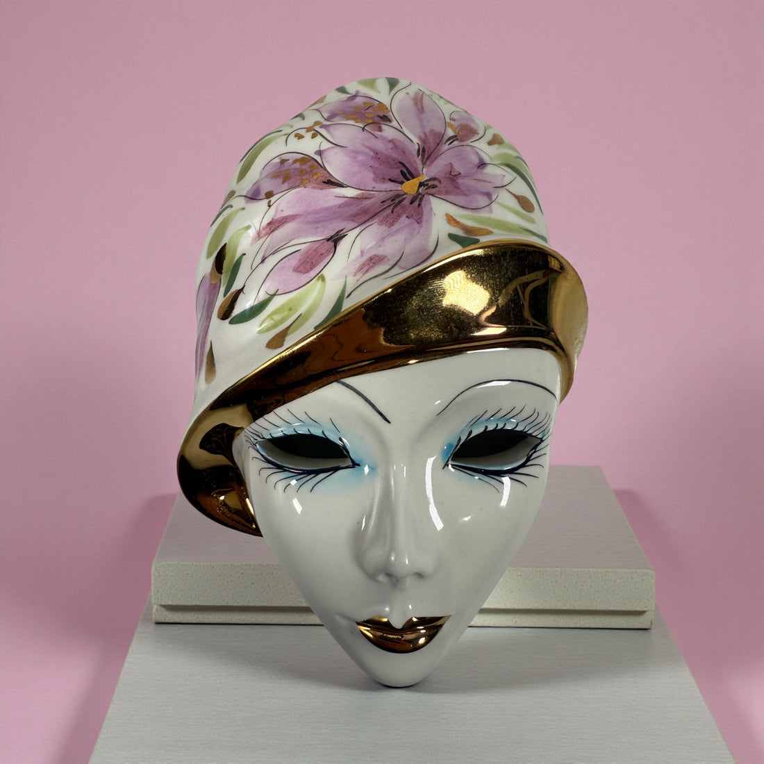 Vintage Italian Capodimonte porcelain wall mask with gold trim. Hand-painted decorative ceramic wall art made in Italy.