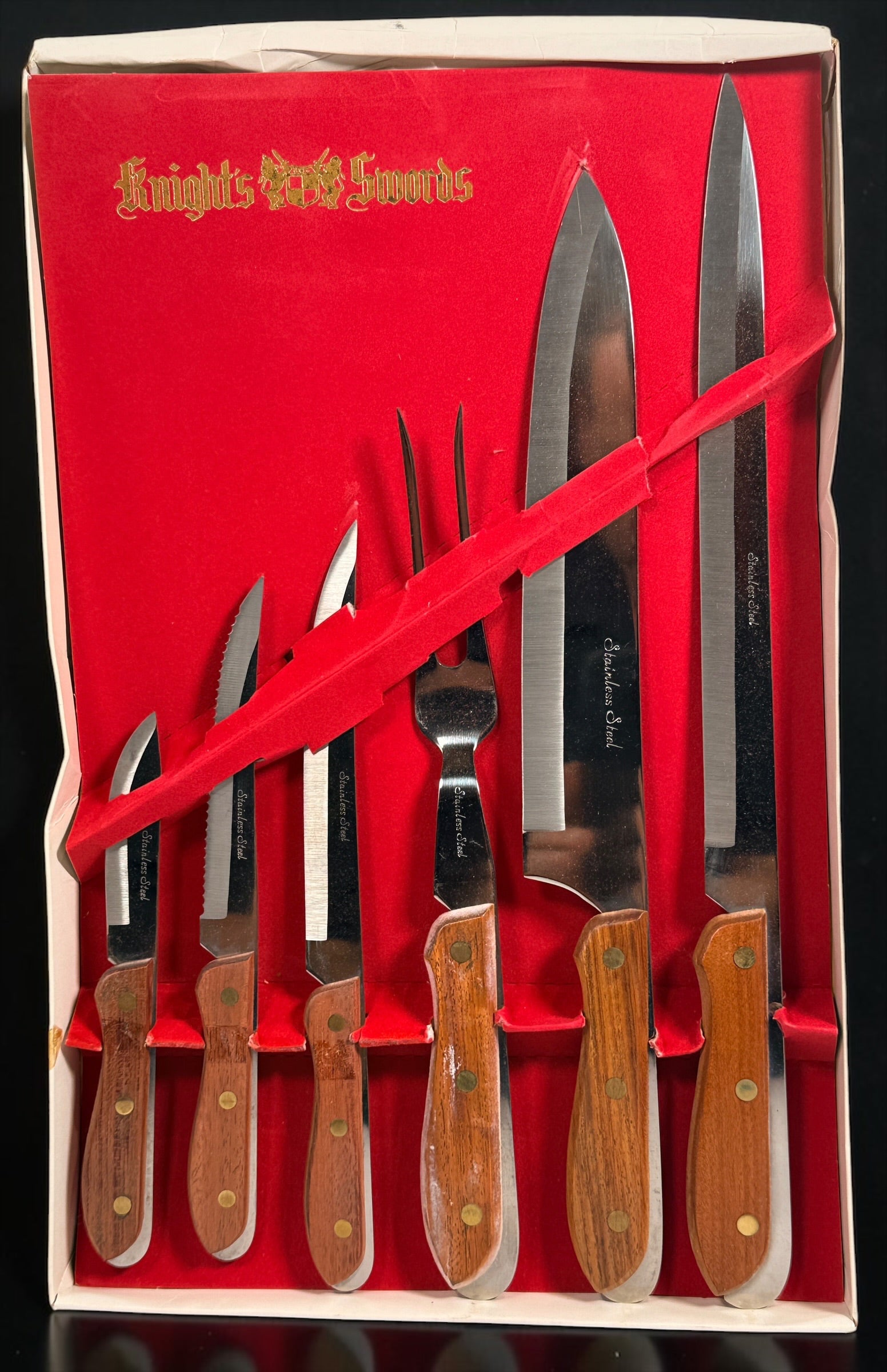 Vintage Knight’s Swords 6-piece Japanese stainless steel knife and carving set with wood handles and original red velvet presentation box.