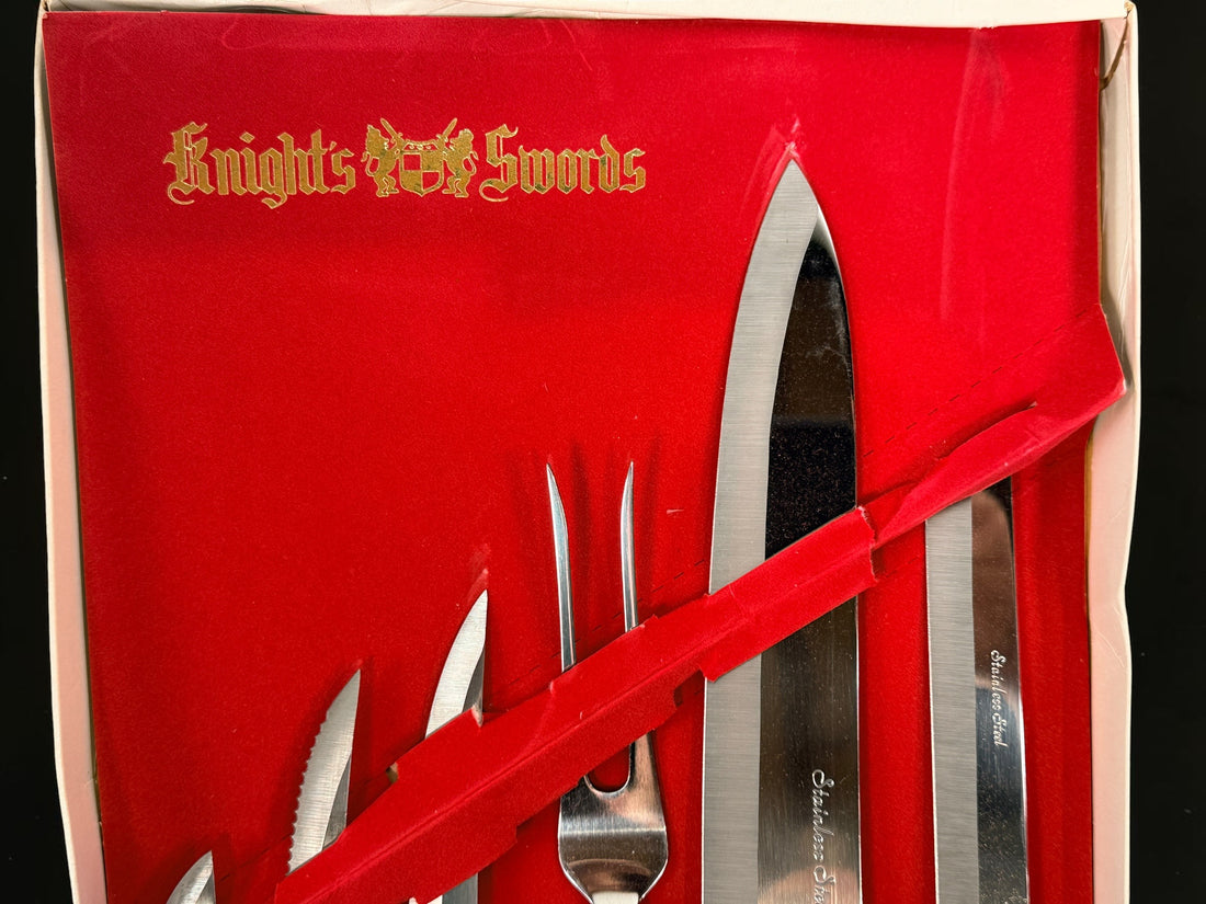 Vintage Knight’s Swords 6-piece Japanese stainless steel knife and carving set with wood handles and original red velvet presentation box.